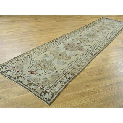 Antique Wool Hand Knotted Rug Green Olive Green 3.8X15.0 -O033178