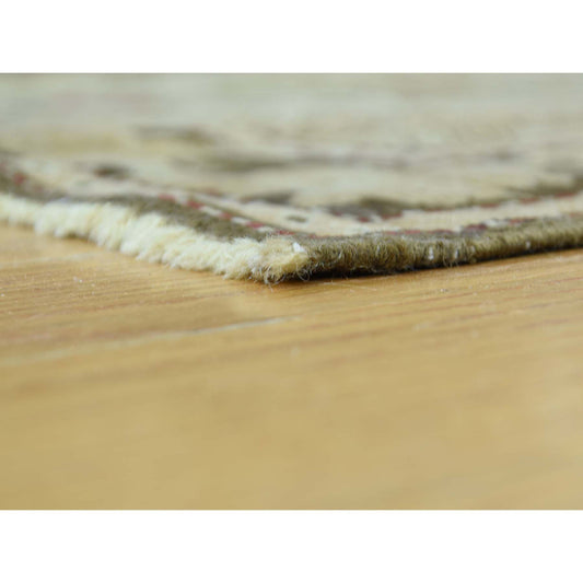 Antique Wool Hand Knotted Rug Green Olive Green 3.8X15.0 -O033178