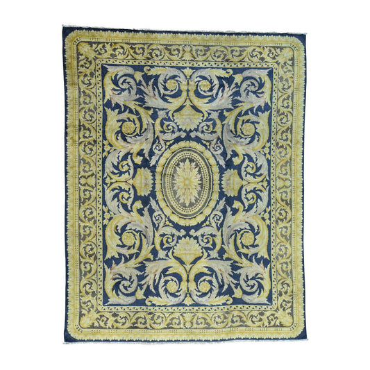 Antique Wool Hand Knotted Rug Blue Brown 10.10X13.8 -O034424