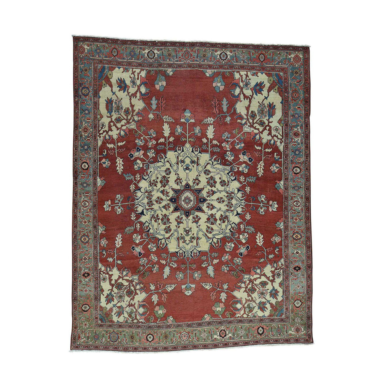 Antique Wool Hand Knotted Rug Red Light Green 9.0X11.3 -O034425