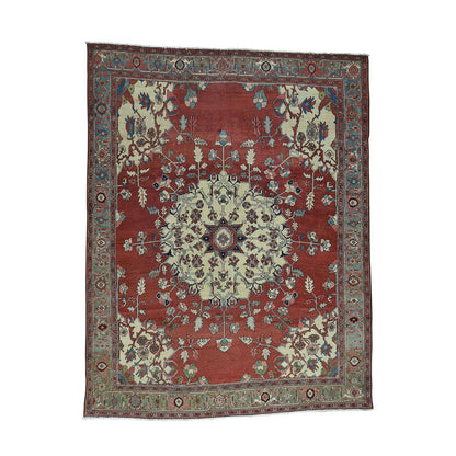 Antique Wool Hand Knotted Rug Red Light Green 9.0X11.3 -O034425