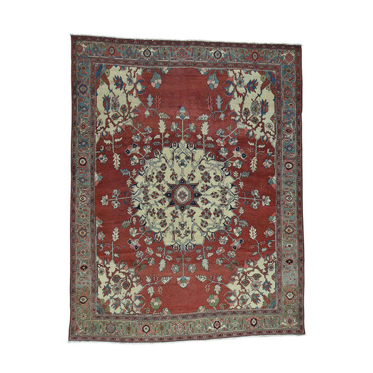 Antique Wool Hand Knotted Rug Red Light Green 9.0X11.3 -O034425
