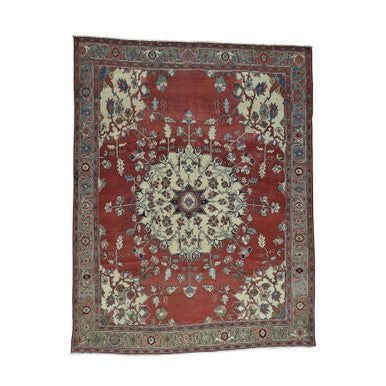 Antique Wool Hand Knotted Rug Red Light Green 9.0X11.3 -O034425