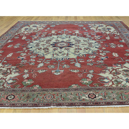 Antique Wool Hand Knotted Rug Red Light Green 9.0X11.3 -O034425