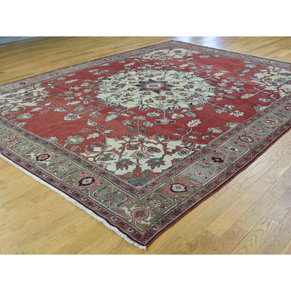 Antique Wool Hand Knotted Rug Red Light Green 9.0X11.3 -O034425