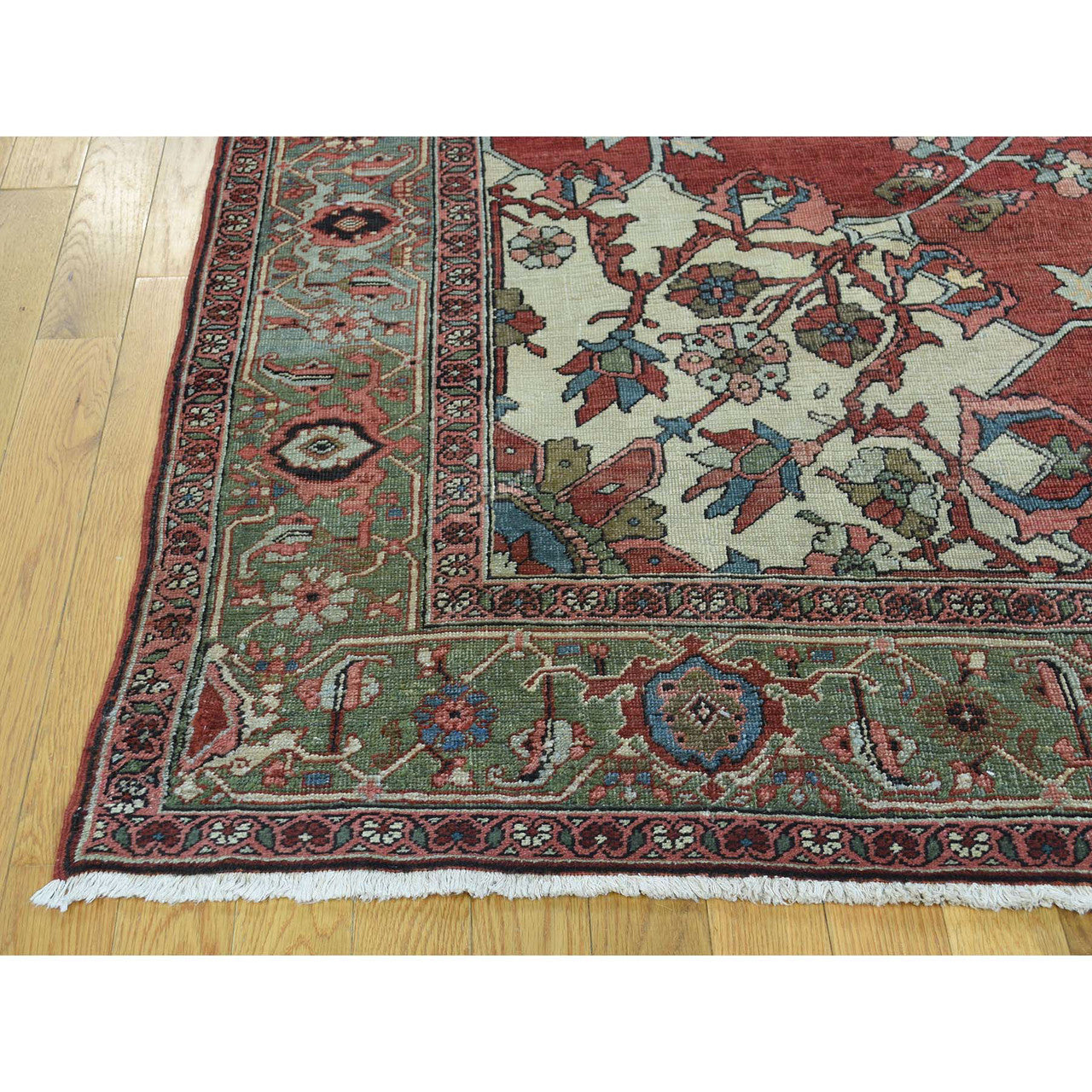 Antique Wool Hand Knotted Rug Red Light Green 9.0X11.3 -O034425