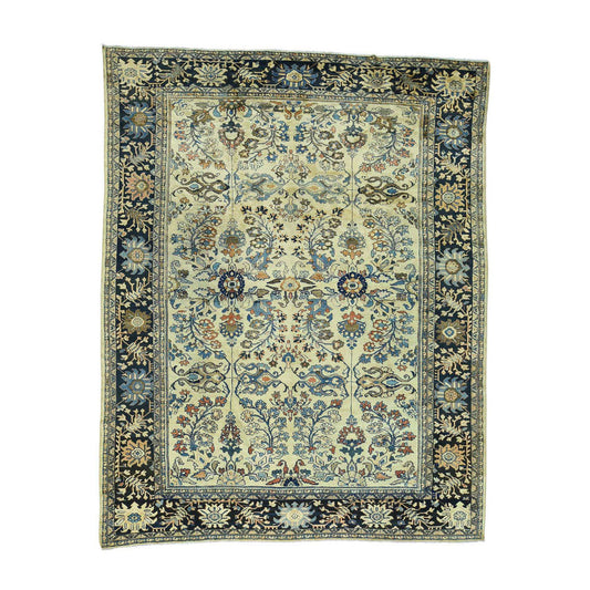 Antique Wool Hand Knotted Rug Yellow Navy Blue 9.4X11.10 -O034432