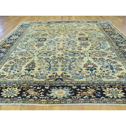 Antique Wool Hand Knotted Rug Yellow Navy Blue 9.4X11.10 -O034432