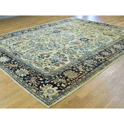 Antique Wool Hand Knotted Rug Yellow Navy Blue 9.4X11.10 -O034432
