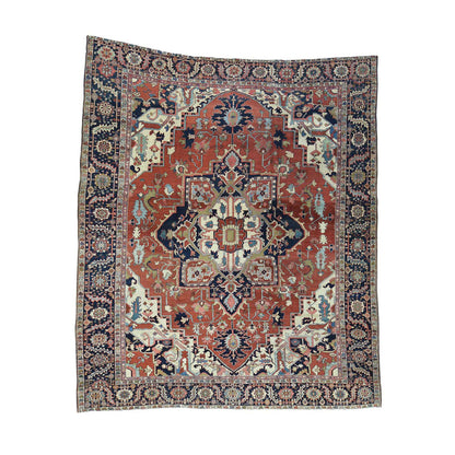 Antique Wool Hand Knotted Rug Red Navy Blue 10.0X11.7 -O034785