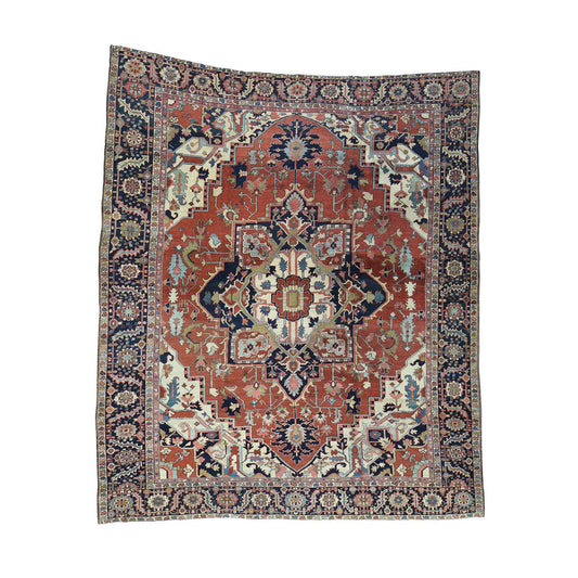 Antique Wool Hand Knotted Rug Red Navy Blue 10.0X11.7 -O034785