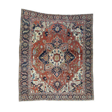 Antique Wool Hand Knotted Rug Red Navy Blue 10.0X11.7 -O034785