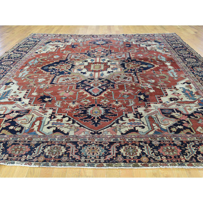 Antique Wool Hand Knotted Rug Red Navy Blue 10.0X11.7 -O034785
