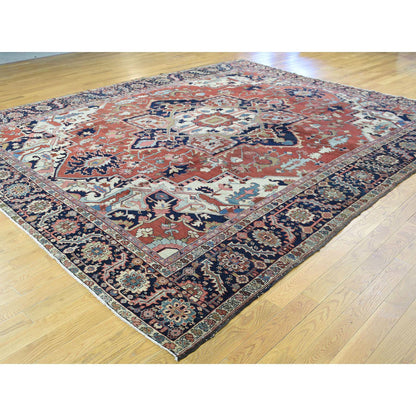 Antique Wool Hand Knotted Rug Red Navy Blue 10.0X11.7 -O034785