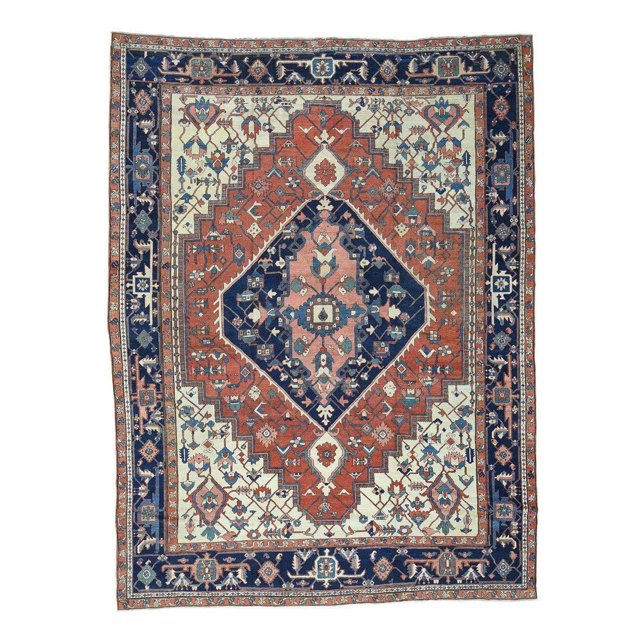 Antique Wool Hand Knotted Rug Red Navy Blue 9.10X13.5 -O035433