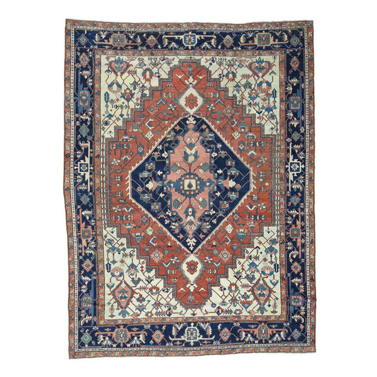 Antique Wool Hand Knotted Rug Red Navy Blue 9.10X13.5 -O035433