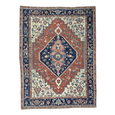 Antique Wool Hand Knotted Rug Red Navy Blue 9.10X13.5 -O035433
