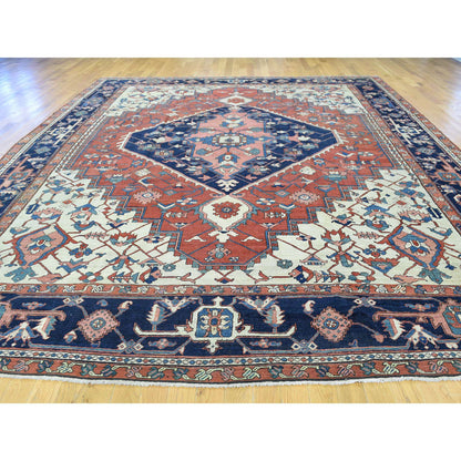 Antique Wool Hand Knotted Rug Red Navy Blue 9.10X13.5 -O035433