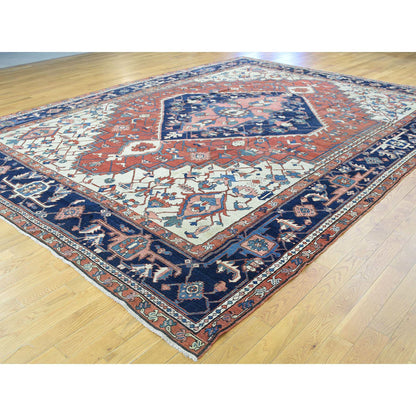 Antique Wool Hand Knotted Rug Red Navy Blue 9.10X13.5 -O035433