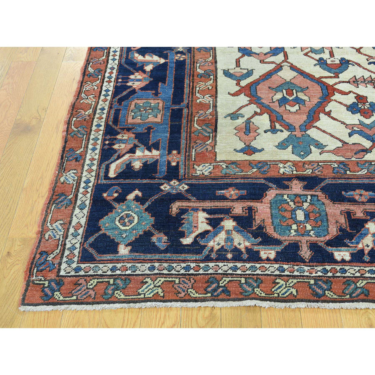 Antique Wool Hand Knotted Rug Red Navy Blue 9.10X13.5 -O035433