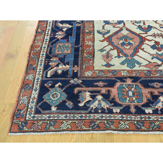 Antique Wool Hand Knotted Rug Red Navy Blue 9.10X13.5 -O035433