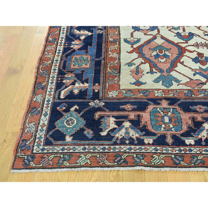 Antique Wool Hand Knotted Rug Red Navy Blue 9.10X13.5 -O035433