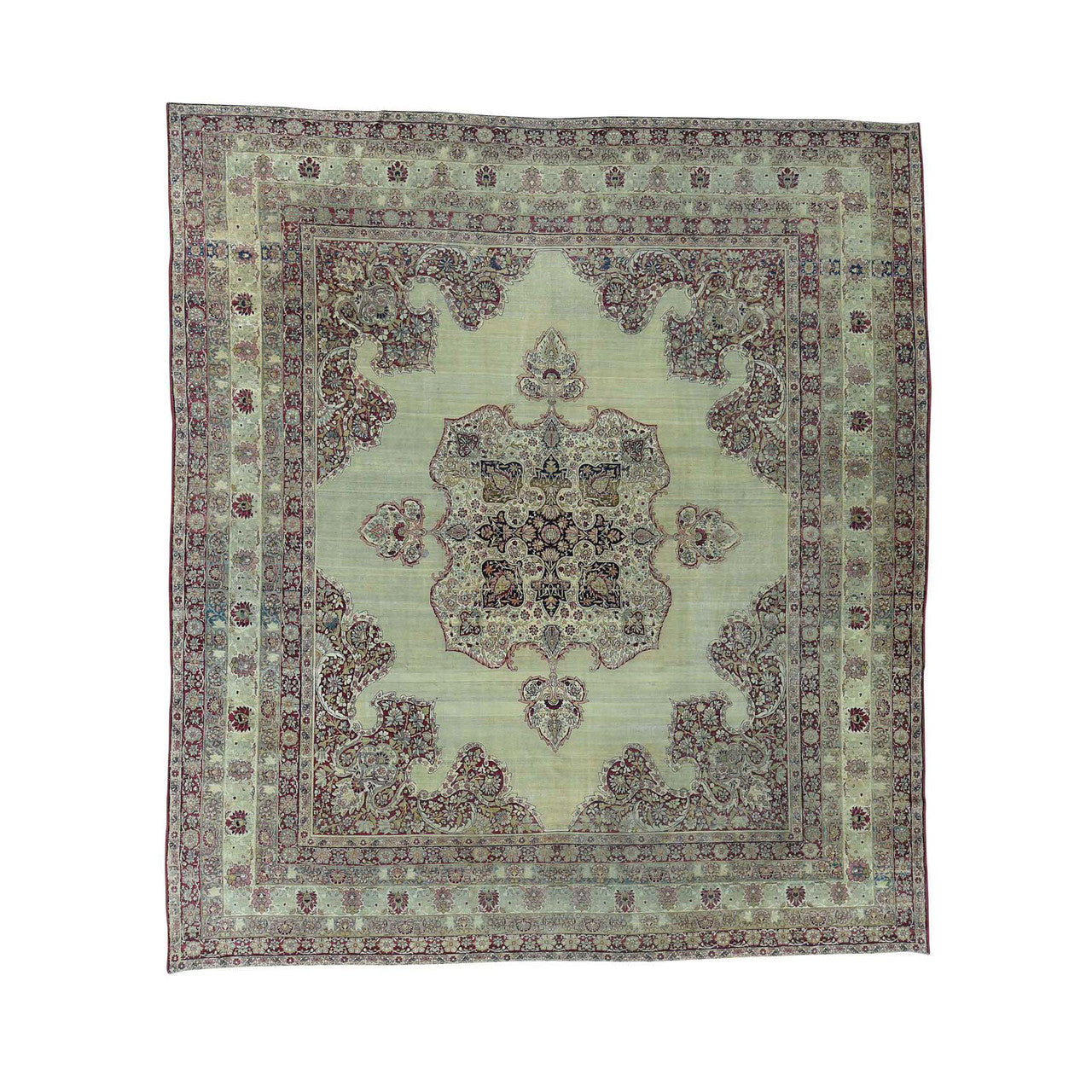 Antique Wool Hand Knotted Rug Beige Red 10.9X12.0 -O036060