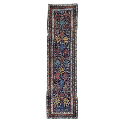 Antique Wool Hand Knotted Rug Blue Saffron 3.5X12.9 -O036267