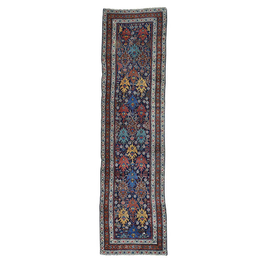 Antique Wool Hand Knotted Rug Blue Saffron 3.5X12.9 -O036267