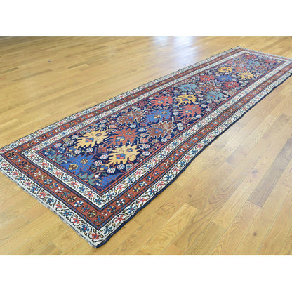 Antique Wool Hand Knotted Rug Blue Saffron 3.5X12.9 -O036267