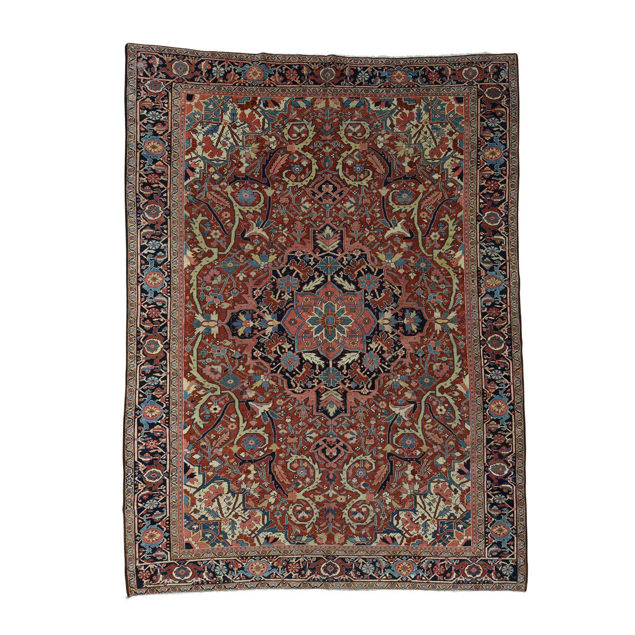 Antique Wool Hand Knotted Rug Red Navy Blue 8.6X11.7 -O037427