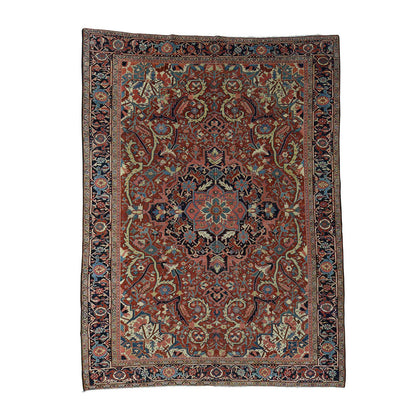 Antique Wool Hand Knotted Rug Red Navy Blue 8.6X11.7 -O037427