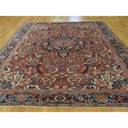 Antique Wool Hand Knotted Rug Red Navy Blue 8.6X11.7 -O037427