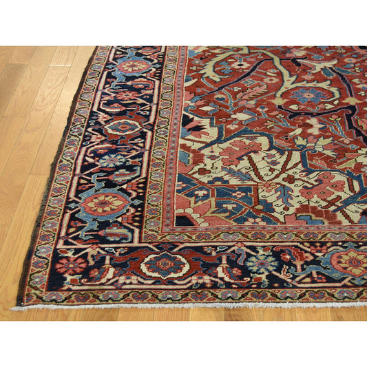 Antique Wool Hand Knotted Rug Red Navy Blue 8.6X11.7 -O037427