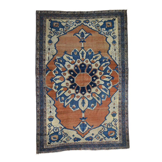 Antique Wool Hand Knotted Rug Red Dark Blue 8.4X12.6 -O039751