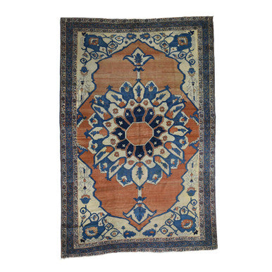 Antique Wool Hand Knotted Rug Red Dark Blue 8.4X12.6 -O039751
