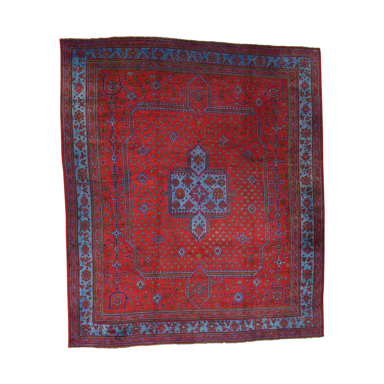 Antique Wool Hand Knotted Rug Red Sky Blue 16.8X19.1 -O039765