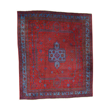 Antique Wool Hand Knotted Rug Red Sky Blue 16.8X19.1 -O039765