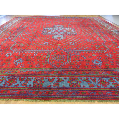 Antique Wool Hand Knotted Rug Red Sky Blue 16.8X19.1 -O039765