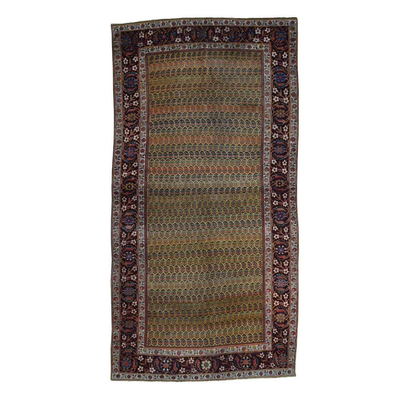 Antique Wool Hand Knotted Rug Yellow Dark Brown 5.1X9.10 -O039843