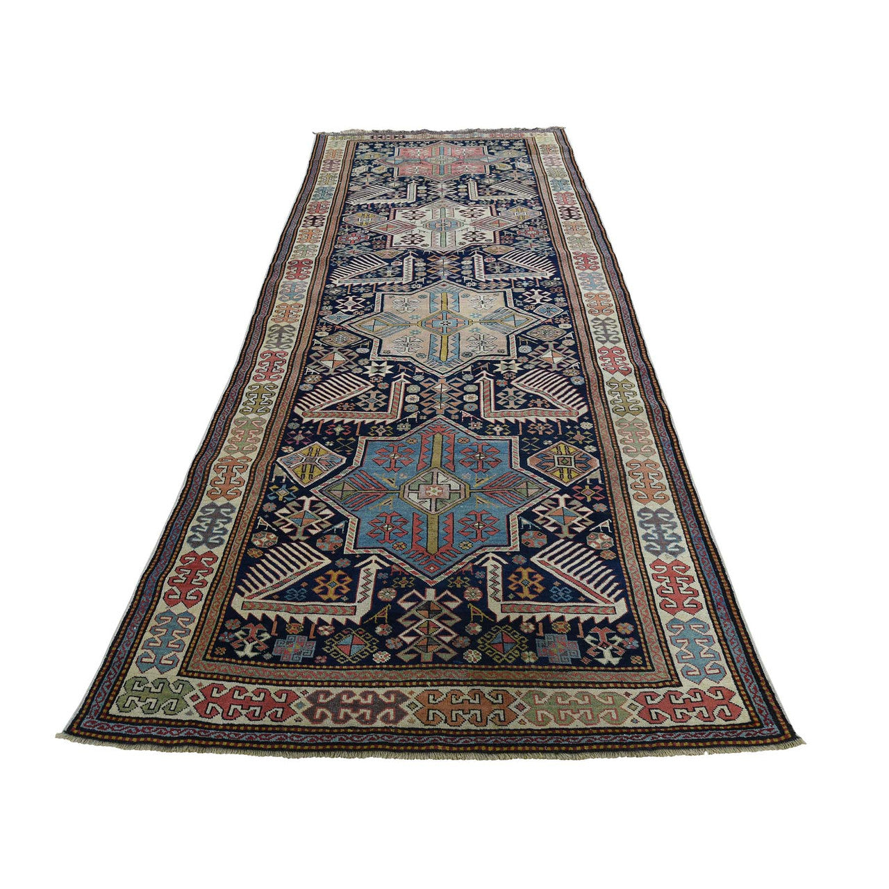 Antique Wool Hand Knotted Rug Blue Grey 4.0X10.4 -O042866