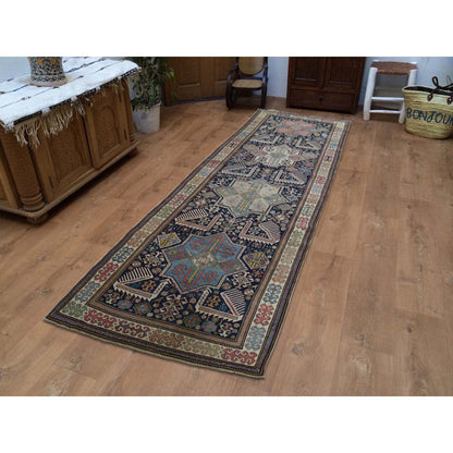 Antique Wool Hand Knotted Rug Blue Grey 4.0X10.4 -O042866