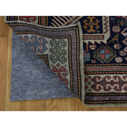 Antique Wool Hand Knotted Rug Blue Grey 4.0X10.4 -O042866