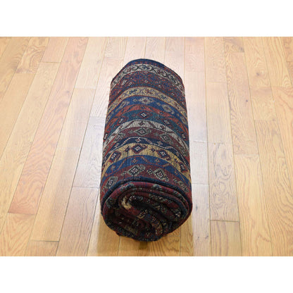 Antique Wool Hand Knotted Rug Blue Blue 4.10X11.8 -O043138