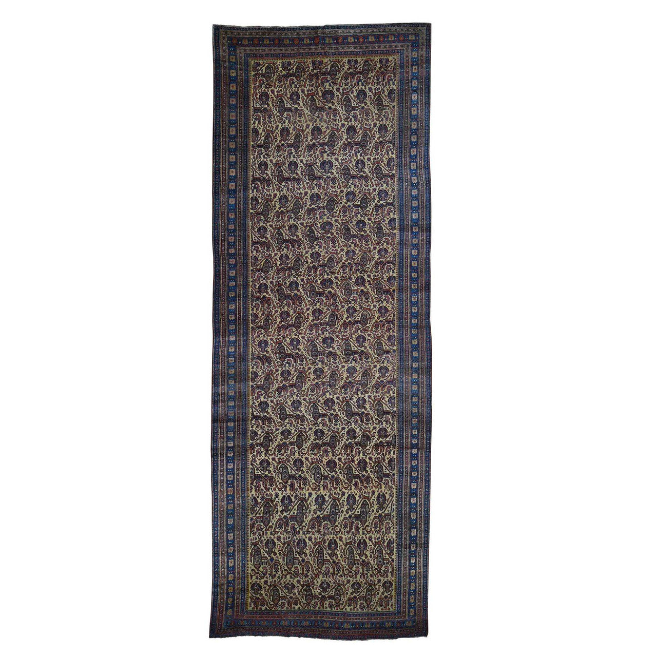 Antique Wool Hand Knotted Rug Yellow Blue 7.2X20.1 -O043139