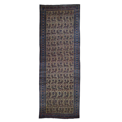 Antique Wool Hand Knotted Rug Yellow Blue 7.2X20.1 -O043139