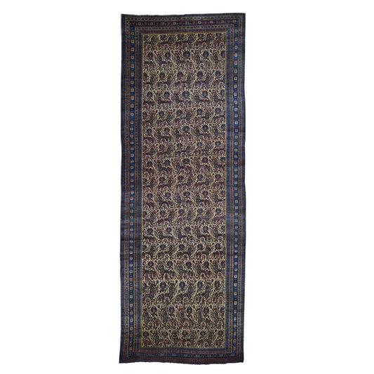 Antique Wool Hand Knotted Rug Yellow Blue 7.2X20.1 -O043139