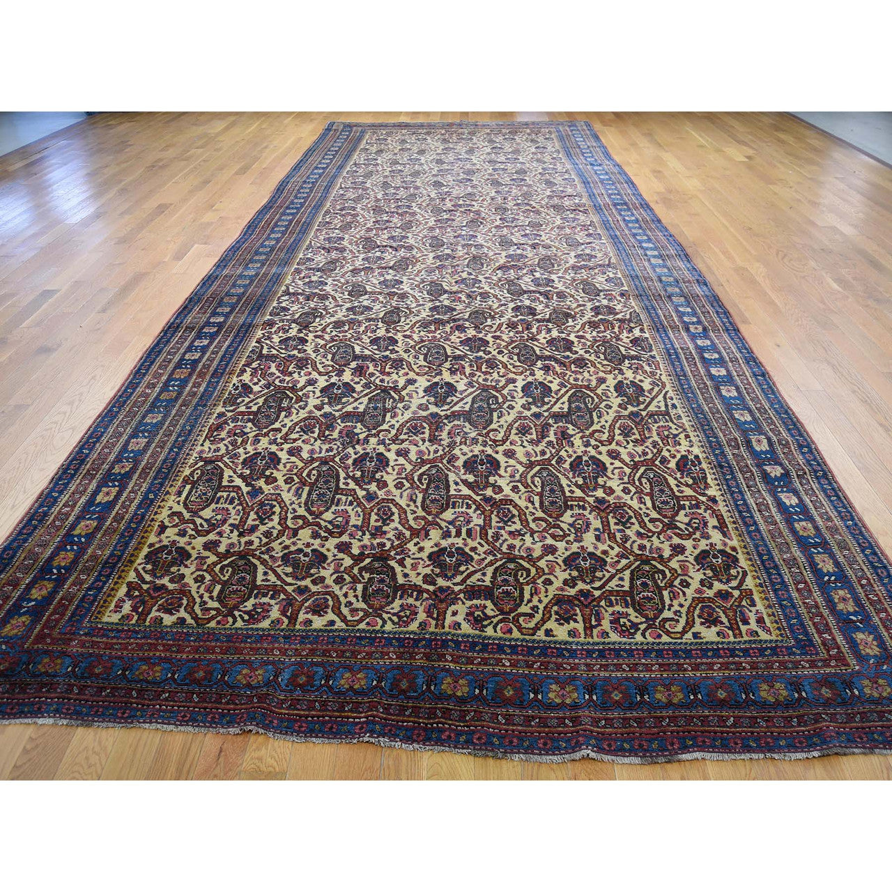 Antique Wool Hand Knotted Rug Yellow Blue 7.2X20.1 -O043139