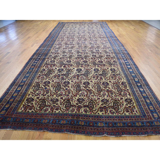 Antique Wool Hand Knotted Rug Yellow Blue 7.2X20.1 -O043139