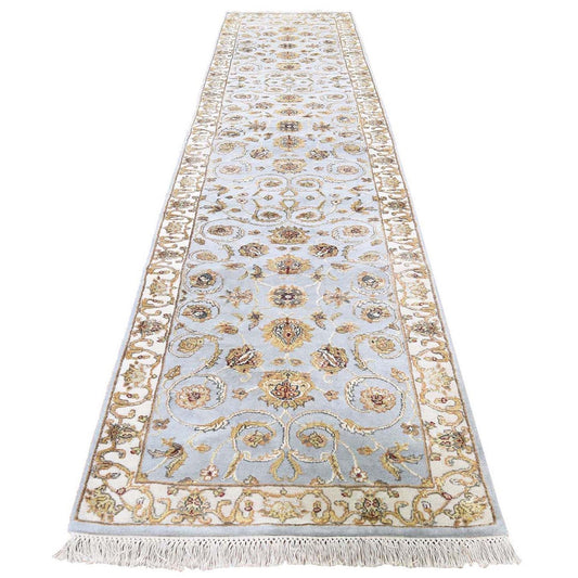 Rajasthan Wool & Silk Hand Knotted Rug Grey Ivory 2.7X12.0 -O043170